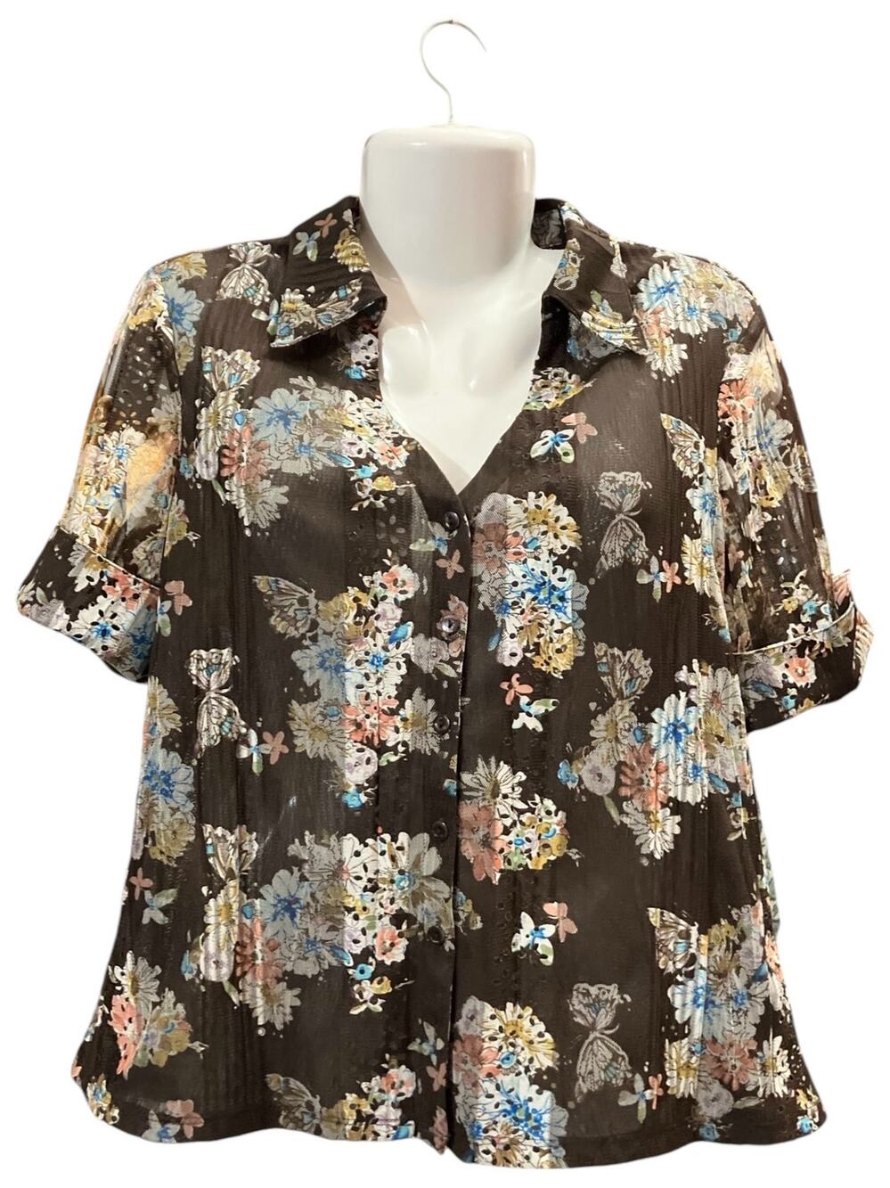 Tribal Women's Brown Floral Pintuck Mesh Roll Sleeve Button-Up Blouse | Size 14